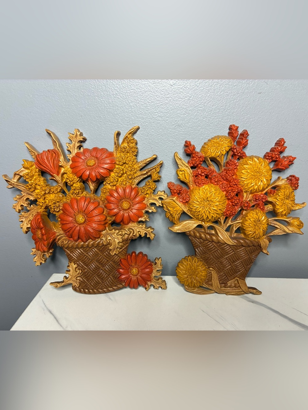 1970s Burwood Floral Basket Wall Plaques Pair Orange Mustard MCM Decor